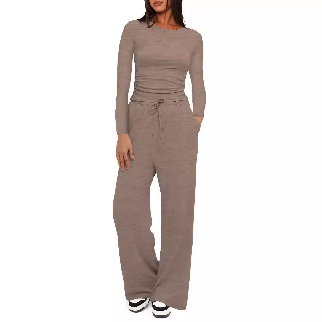 Women'S Casual T Hirt+Pant 2 Piece Set 2025 Product Tops Wide Leg Pants Yoga Ensemble Plissé Femme 2 Pièces Tuta Donna Sportiva